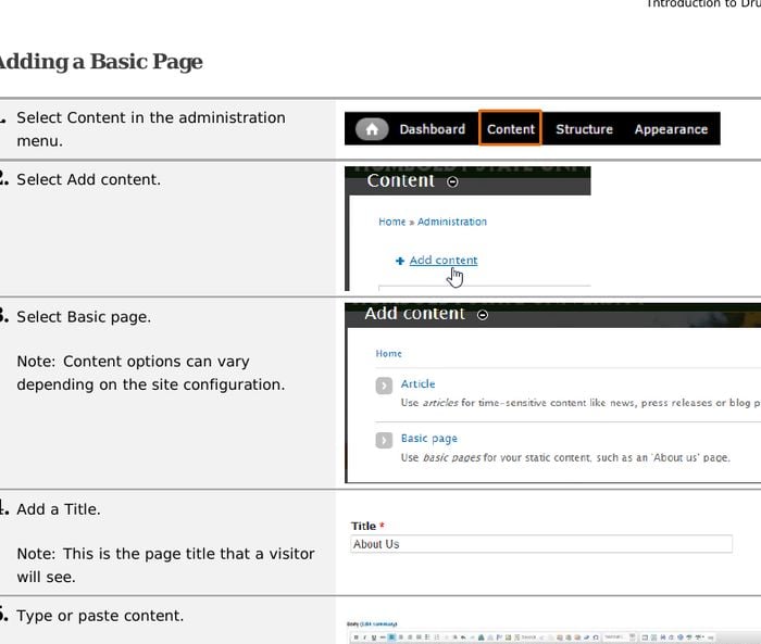 Handout page titled Adding a Basic Page, with numbered steps beside annotated screenshots.